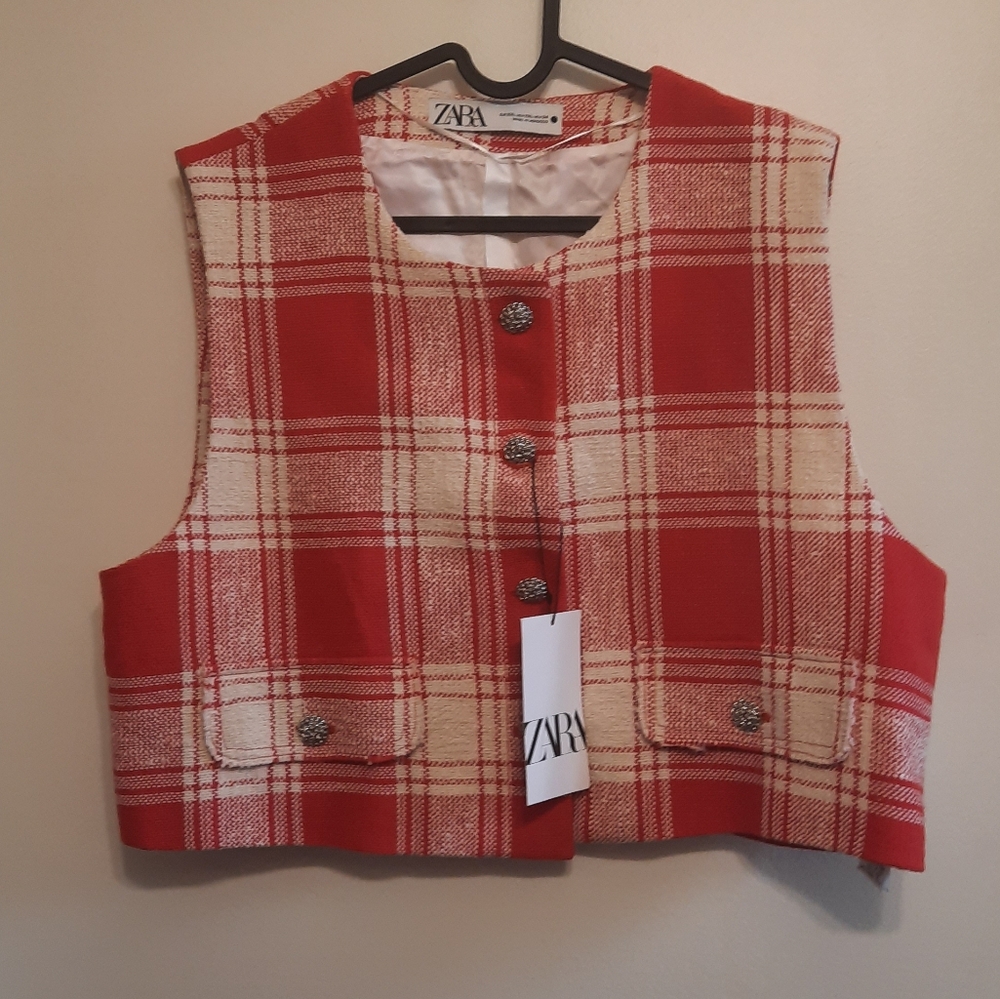Zara Textured Waistcoat Vest Top Sleeveless Red White - Picture 4 of 14